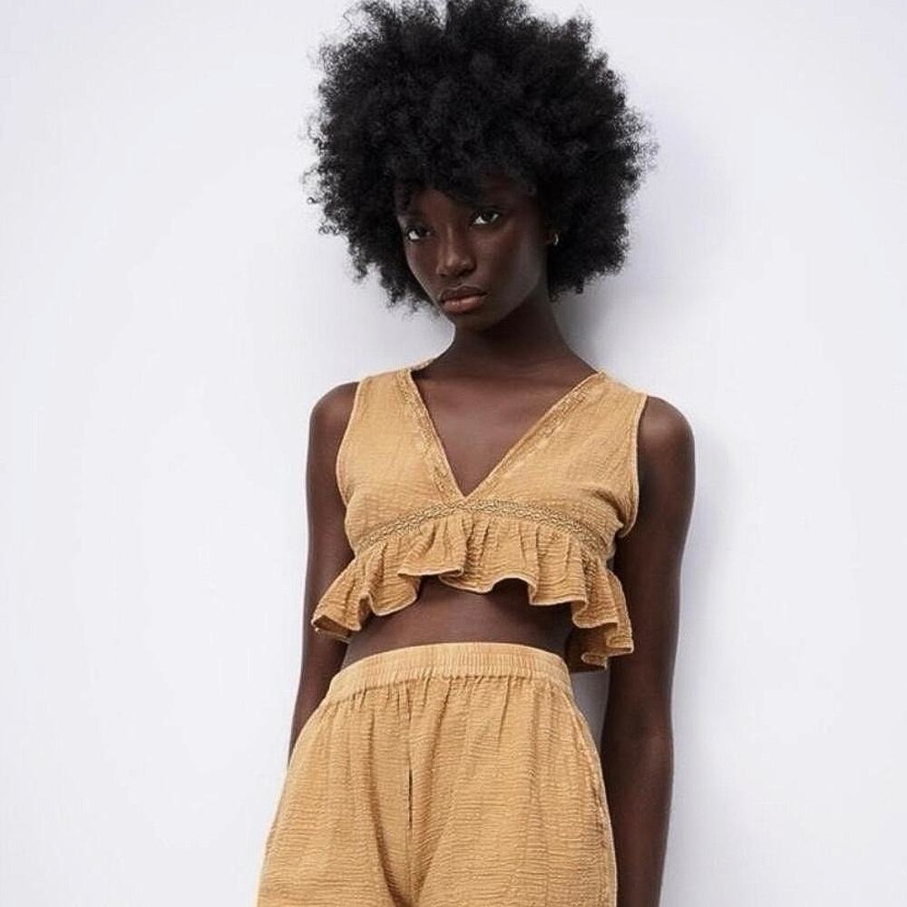 Zara Tan Yellow Sleeveless Deep V Boho Ruffle Peplum Vest Crop Tank Top Size XS